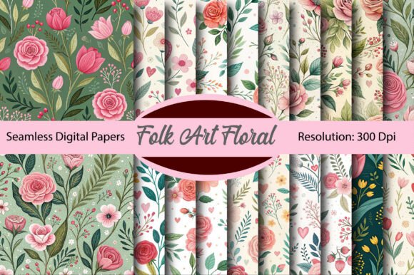Download Folk Art Floral Valentine Digital Paper - Valentine digital paper Collection